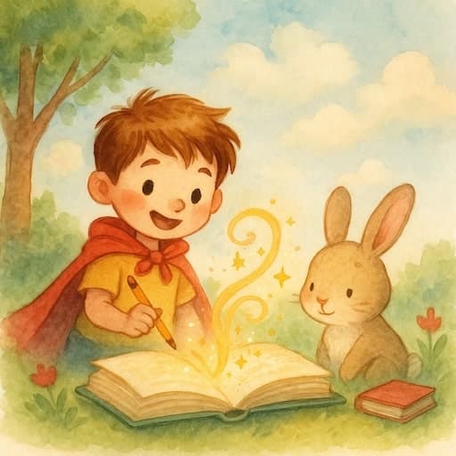 Child reading a magical, glowing book with a rabbit friend